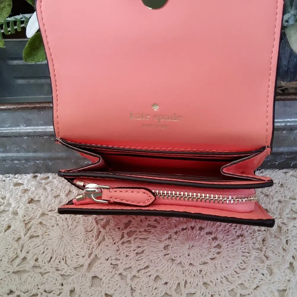 Kate Spade Women's Small Flap Wallet Card Case Pebbled Leather in Melon Ball